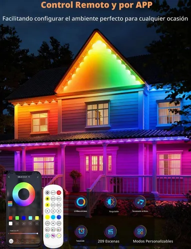 Vista 5 de BSGlobal 100 pies de luces exteriores permanentes, 60 luces LED RGB e IC inteligentes para aleros con control por aplicación/remoto, 209 modos