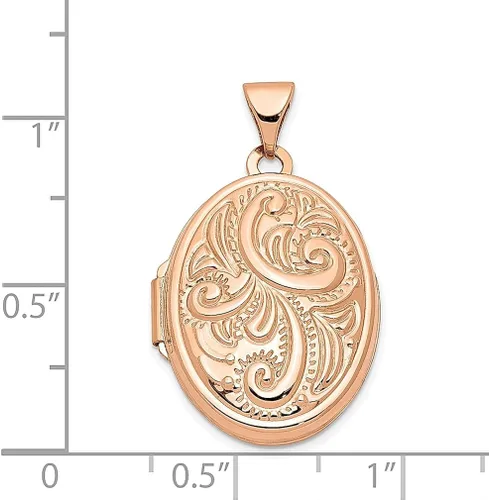 Vista 5 de Collar de cadena con dije ovalado de oro rosa de 14 quilates diseño de pergamino de 0827in con dije de foto con cadena que sostiene fotos joyería