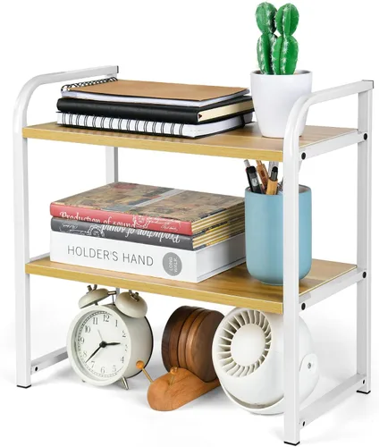 Vista 8 de Organizador de estante de escritorio de 2 niveles para la parte superior del escritorio, estante de almacenamiento de suministros de madera y metal