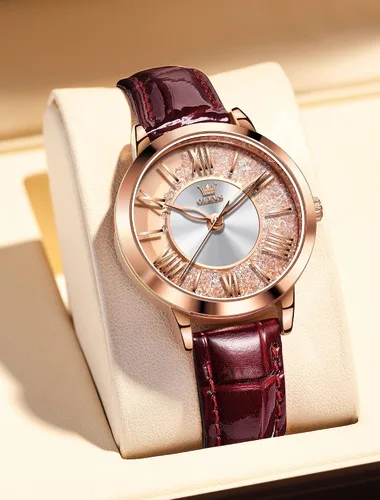 Vista 4 de OLEVS Reloj elegante para mujer, con correa de cuero, para mujer, diseño de arena movediza de diamante, oro rosa, acero inoxidable, resistente al