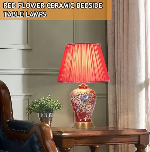 Vista 2 de Lámparas de mesa de cerámica de flores pintadas a mano de color rojo, lámparas chinoiserie de tela americana, lámpara de mesita de noche