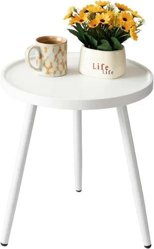 Vista 12 de Mesa auxiliar redonda negra, mesa decorativa con patas de metal con bandeja de madera, mesa auxiliar redonda pequeña para sala de estar, dormitorio