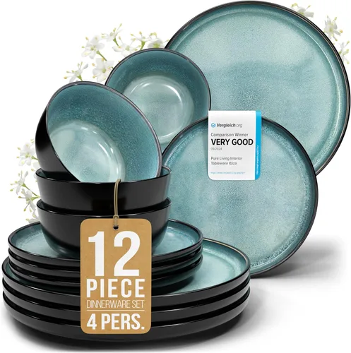Vista 58 de Juego de vajilla de gres para 4 personas 12 piezas – Juego de platos y cuencos negros mate – Apto para lavavajillas, microondas y resistente a