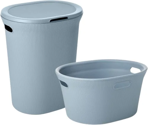Vista 11 de Superio Colección acanalada - Cesto decorativo de plástico para ropa sucia con tapa y asas recortadas, azul (1 paquete) Organizador de cesta