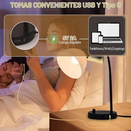 Vista 2 de Lámparas de escritorio, lámparas de mesa para dormitorios con 2 puertos USB, lámparas de noche regulables continuas, lámpara ajustable para sala