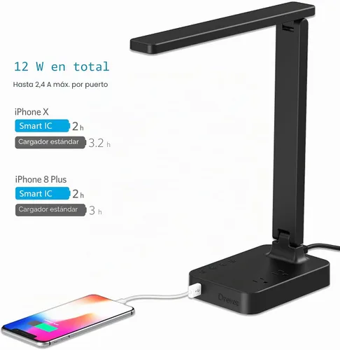 Vista 3 de Drevet Lámpara LED de escritorio para dormitorio universitario, luz de escritorio con 1 puerto de carga USB, 2 tomas de corriente CA, 3 modos