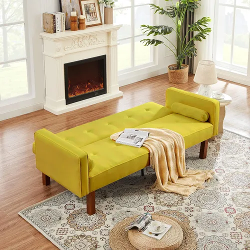 Vista 4 de Sofá cama de tela moderna, sofá cama convertible con 2 almohadas y reposabrazos, sofá reclinable plegable de 75 pulgadas con patas de madera maciza