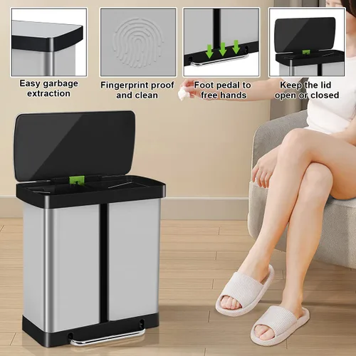 Vista 4 de Basurero de cocina de acero inoxidable de 16 galones/60 litros con tapa y doble barril, cubo de basura clasificado de alta capacidad para reciclaje