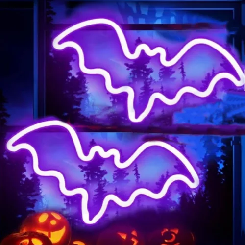Vista 19 de Letreros de neón de murciélago para dormitorio, mesita de noche, decoración de pared, decoración de Halloween, luces LED de noche, adornos de mesa