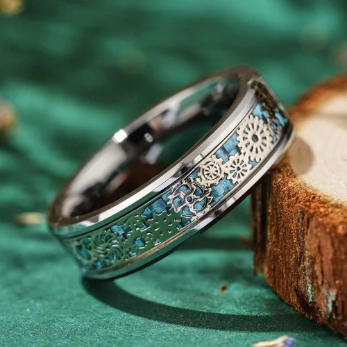 Vista 3 de Three Keys - Anillo de matrimonio de tungsteno negro y fibra de carbono color azul, con rueda dentada Steampunk, de 6mm, 8mm