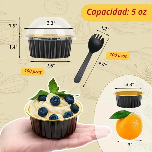 Vista 3 de LNYZQUS Mini moldes para hornear pasteles de 5 oz con tapas, paquete de 100, moldes desechables de aluminio para cupcakes, moldes pequeños