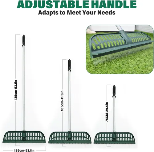 Vista 2 de Rastrillo de césped artificial, rastrillo de césped 2 en 1 con mango de acero ajustable, de 30" a 53" de largo, 17.9" de ancho para césped