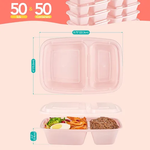 Vista 2 de Glotoch - Paquete de 50 recipientes de comida rosados con 2 compartimentos, recipientes para alimentos de 32 onzas para llevar, recipientes
