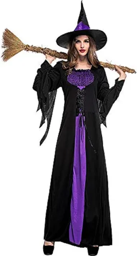 Vista 4 de Colorful House Disfraz de bruja malvada para mujer, vestido clásico de hechicera largo morado