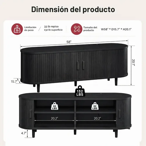 Vista 2 de Soporte de TV moderno de mediados de siglo de 58 pulgadas, consolas de TV de madera con puertas correderas y toma de corriente, centro