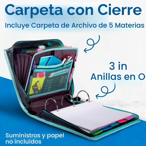 Vista 2 de Case-it Mighty Zip Tab - Carpeta escolar con cremallera Anillas en O de 3 pulgadas, capacidad de 600 hojas, carpeta de archivos expandible de 5 Un