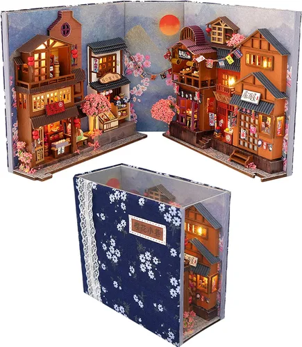 Vista 2 de Kit de rincón de libro de estilo japonés, kit de casa de muñecas en miniatura, casa de muñecas de madera, habitación creativa con luces LED, regalos