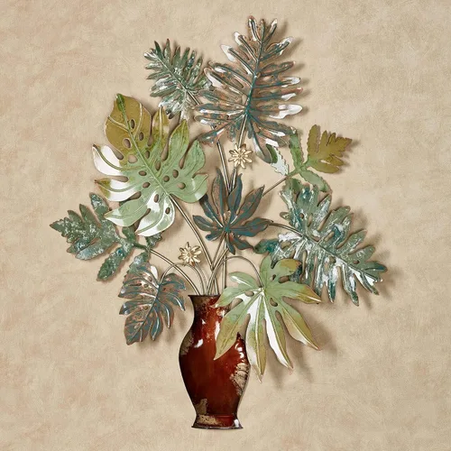 Vista 2 de Touch of Class Arte de pared de metal con palmeras tropicales en jarrón, escultura decorativa hecha a mano, decoración de hojas de palmera