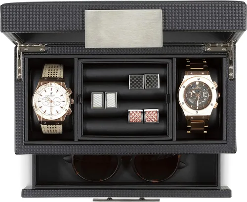 Vista 6 de Glenor Co Valet - Caja de reloj de joyería para hombres organizador moderno de textura de fibra de carbono con parte superior de cristal cajón