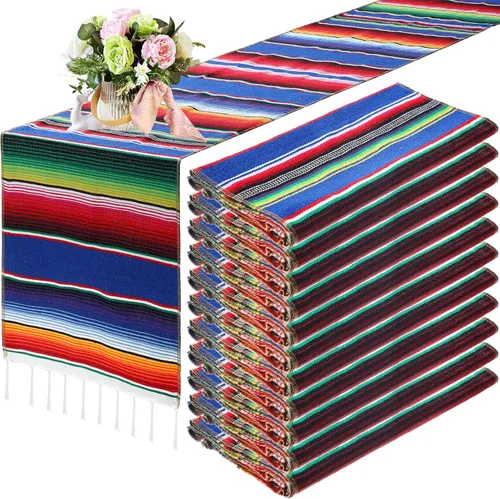 Vista 9 de Tegeme 12 Piezas Caminos de Mesa Mexicanos 14 x 84 Pulgadas Camino de Mesa Mexicano Serape Manta Decorativa con Flecos de Algodón Decoración