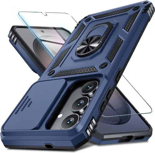 Vista 50 de Janmitta Compatible con Samsung Galaxy S24 FE Funda con Cubierta Deslizante Integrada para Lente de Cámara + Protector de Pantalla + Soporte de Azul