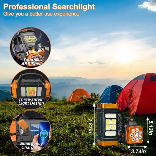 Vista 4 de Linternas solares de mano con luz lateral COB, 8 modos de luz LED recargable con cable USB, reflector LED portátil para camping, emergencias, caza