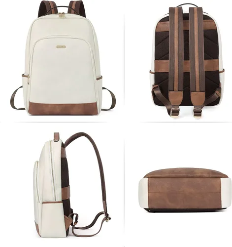 Vista 6 de CLUCI Mochila de cuero para mujer de 15.6 pulgadas, mochila para computadora portátil, mochila para viajes, avión, mochila casual, color beige