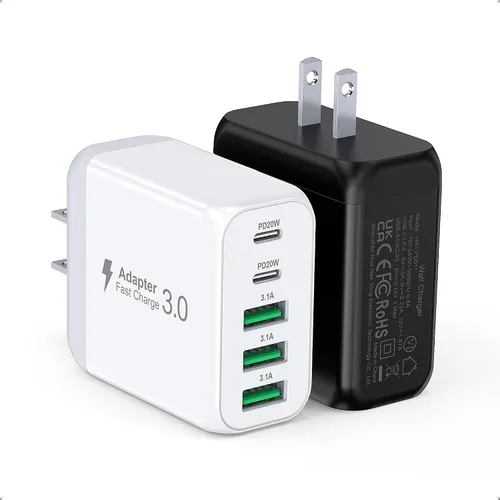 Vista 15 de Paquete de 2 Bloques Cargadores de Pared USB C, 60W Bloque de Carga Rápida C de 5 Puertos Adaptador de Corriente PD + QC 3.0 Cargador Cubo