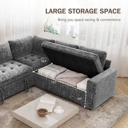 Vista 6 de Vipbear Sofá cama modular modular con cama extraíble, sofá modular en forma de L de felpilla con puertos USB/respaldo ajustable/asientos