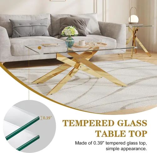 Vista 4 de Mesa de centro de cristal de 47 pulgadas con parte superior de vidrio templado y patas de metal dorado, mesa central rectangular moderna para sala