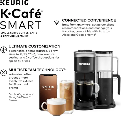 Vista 7 de Keurig K- Slim - Cafetera de cápsulas K-Cup de una sola porción, tecnología multistream, negro y K-Cafe SMART - Cafetera de cápsulas K-Cup de una