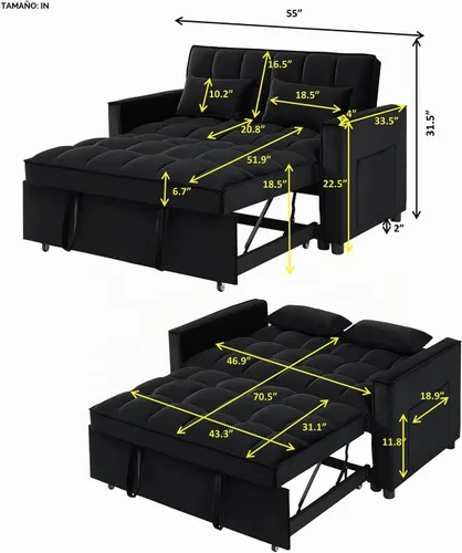 Vista 2 de JEEOHEY Sofá cama extraíble, sofá cama convertible moderno de terciopelo de 55 pulgadas, sofá cama pequeño con 2 almohadas y bolsillos laterales