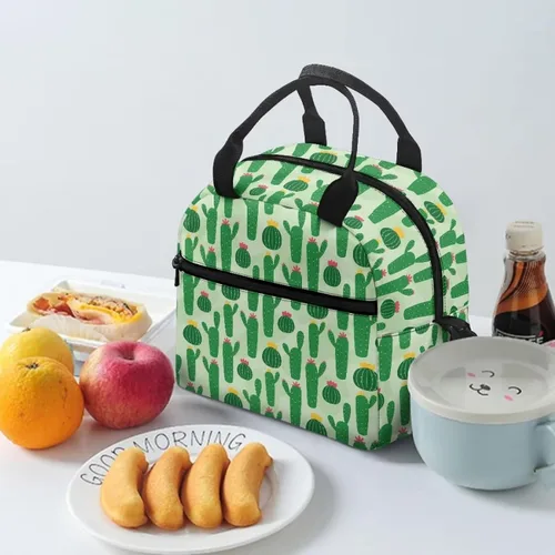 Vista 2 de Bolsas de almuerzo aisladas con diseño de cactus verdes para mujer, reutilizable, a prueba de fugas, con correa de hombro ajustable, portátil