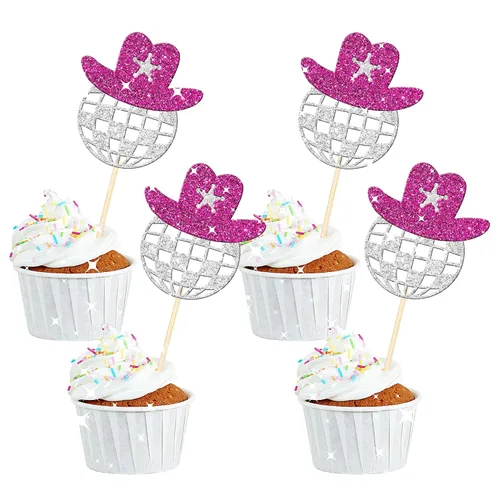 Vista 8 de 24 piezas de decoración de cupcakes de reina bailarina con brillantina, bola de discoteca, notas musicales, cantante, baile, cupcakes, temática