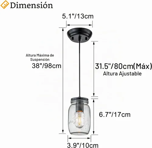 Vista 3 de Lámpara colgante ajustable para isla de cocina, 1 luz colgante de cristal Mason Jar (2 unidades)