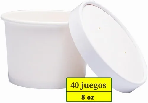 Vista 3 de Vasos de papel para helado con tapas de papel, tazas de papel para sopa caliente/fría con tapas (blanco) (40, 8 onzas)