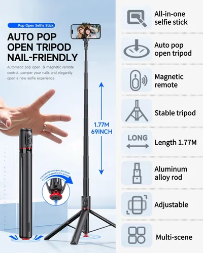 Vista 2 de Palo selfie magnético automático de 70 pulgadas, soporte de trípode de apertura automática con control remoto, compatible con Android 5.0 e iOS 5.1