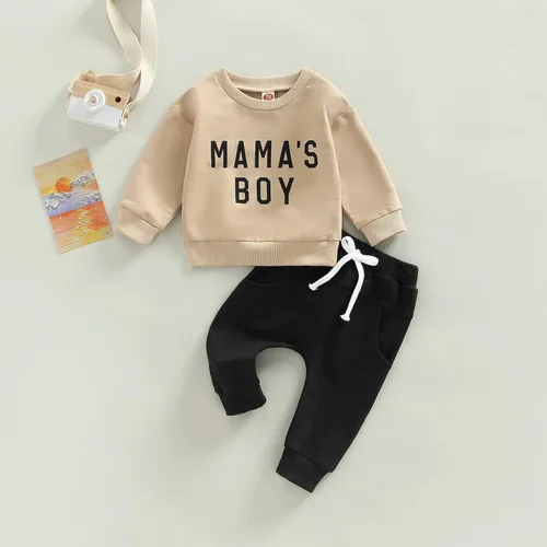 Vista 2 de Ehfomius Toddler Baby Boy Fall Winter Clothes Mama's Boy Long Sleeve Pullover Sweatshirt and Jogger Pants 2Pcs Set