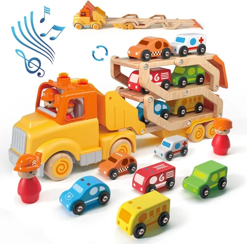 Vista 9 de Juguetes de autos para niños pequeños de 2, 3, 4, 5 años, juguete de camión transportador con 4 vehículos de madera, remolque de pista plegable