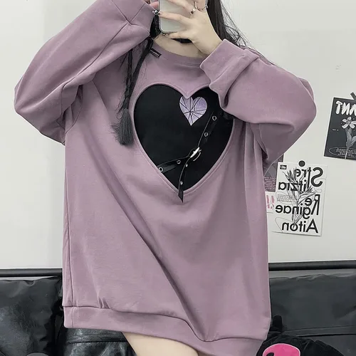 Vista 5 de YEMOCILE Women's Harajuku Kawaii Crew Neck Sweatshirt Oversized Japanese Style Gothic Heart Hollow Tops Pullover