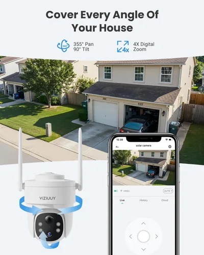 Vista 5 de VIZIUUY Cámara de seguridad solar de 5 MP para exteriores, cámara de seguridad inalámbrica alimentada por batería con vista de 360°, panorámica e