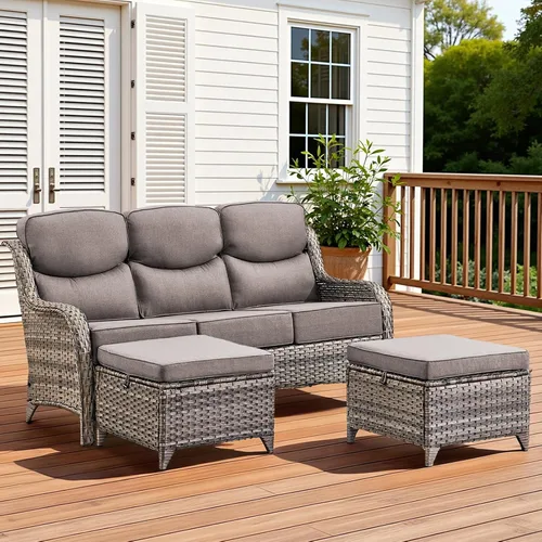 Vista 23 de Sofá de lujo para patio al aire libre, sofá de mimbre resistente para todo tipo de clima, sofá de 3 plazas con asiento profundo y funda extraíble