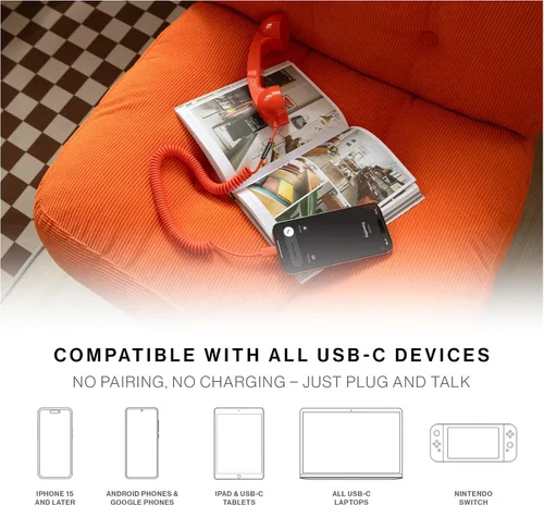 Vista 4 de Native Union Pop Phone – Auricular retro con micrófono y altavoz, USB-C para iPhone, iPad, Laptop, Tablet, Samsung S25, Flip 7, Fold 7 – Trabajo Pino