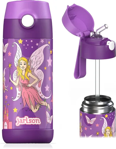 Vista 23 de Jarlson® CHARLI - Botella de agua para niños [12 onzas], botella térmica de acero inoxidable con pajilla, botella de agua aislada a prueba
