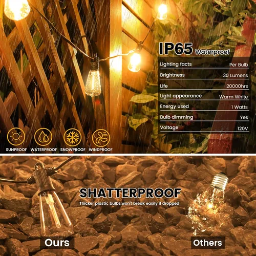 Vista 3 de Zuske Cadena de luces para exteriores de 25 pies, luces LED colgantes para patio con 12 bombillas inastillables, luces impermeables