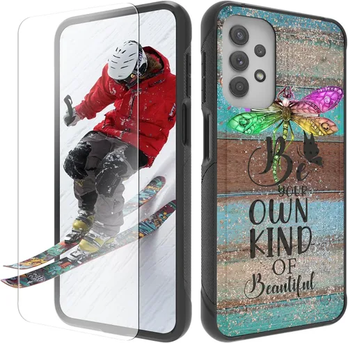 Vista 21 de Funda para Samsung Galaxy A13/A04/A04S/A23/A32 5G con protector de pantalla, parte trasera texturizada de policarbonato duro, diseño de flores