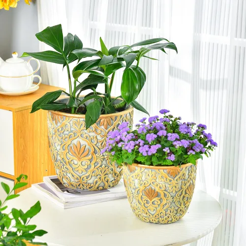 Vista 6 de Sungmor Macetas grandes de cemento resistentes, hermosas macetas de jardín de hormigón en relieve, juego de 2 macetas de 8 y 10 pulgadas
