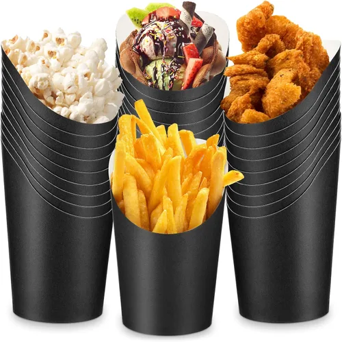 Vista 8 de Potchen 100 tazas de papas fritas de 14 onzas, papel negro, soportes para papas fritas, caja de palomitas de maíz, conos de gofre, para fiestas