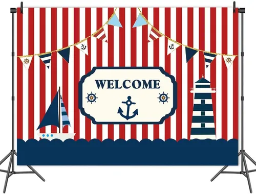 Vista 4 de Fondo de fotografía para fiestas temáticas náuticas de 7 x 5 pies, color rojo y blanco, a rayas marinas, barco, decoración de fondo para niños
