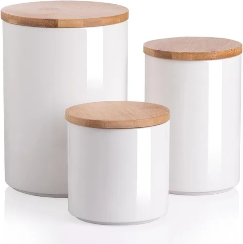 Vista 95 de Botes de Cocina Sweejar Tarro de Cerámica para Almacenamiento de Alimentos, Contenedores Apilables con Tapa de Madera de Sellado Hermético